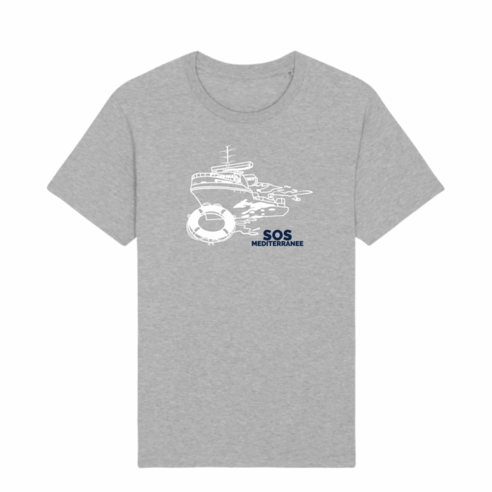 heather grey Unisex T-Shirt mit blauen SOS MEDITERRANEE Logo und weissem Aufdruck des Rettungsschiffs Ocean Viking