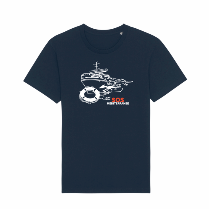dunkelblaues Unisex T-Shirt mit SOS MEDITERRANEE Logo und weissem Aufdruck des Rettungsschiffs Ocean Viking